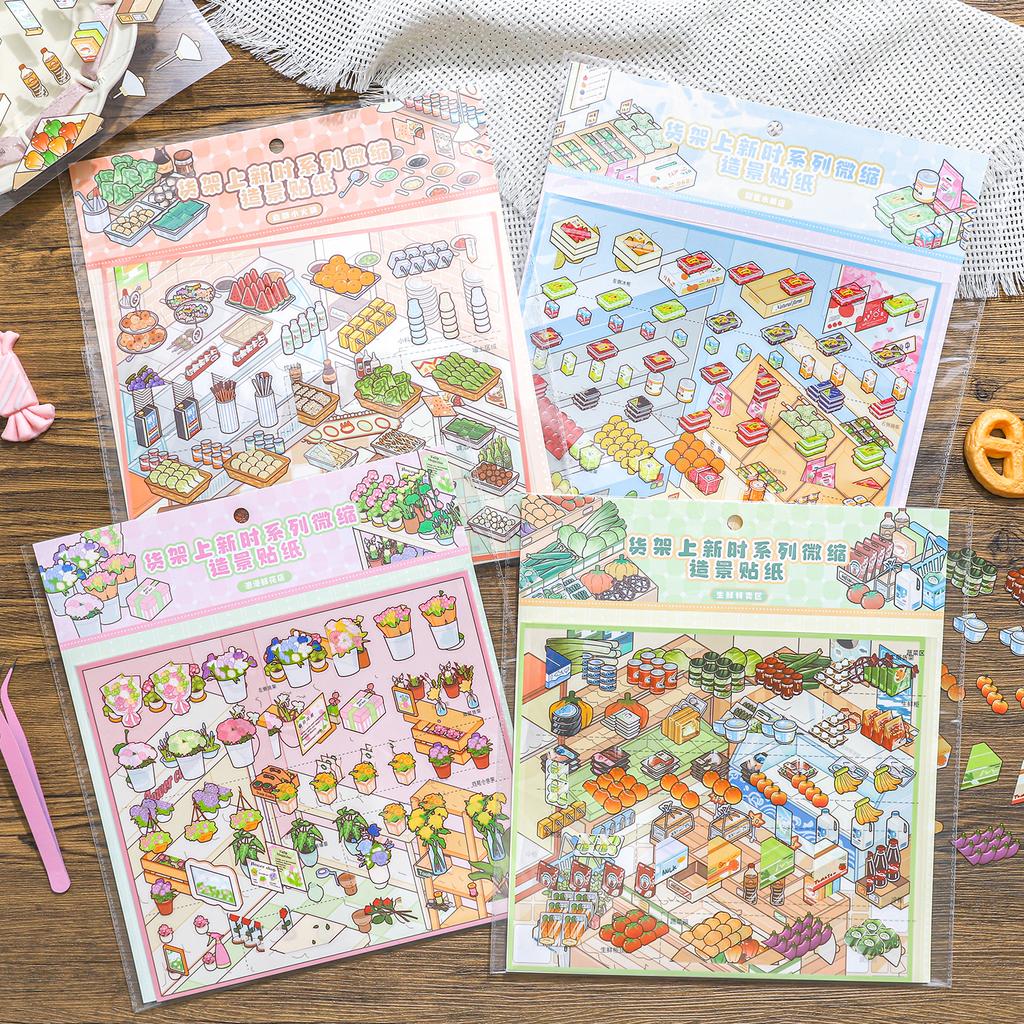 Kawaii 3D Cartoon Miniature Scene Fun Simulation Store Management Style Stickers DIY Scrapbook Materials Scene Stickers