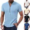 Mens Cotton Linen Short Sleeve Blouse Henley T Shirt Summer Casual Pullover Loose Tops