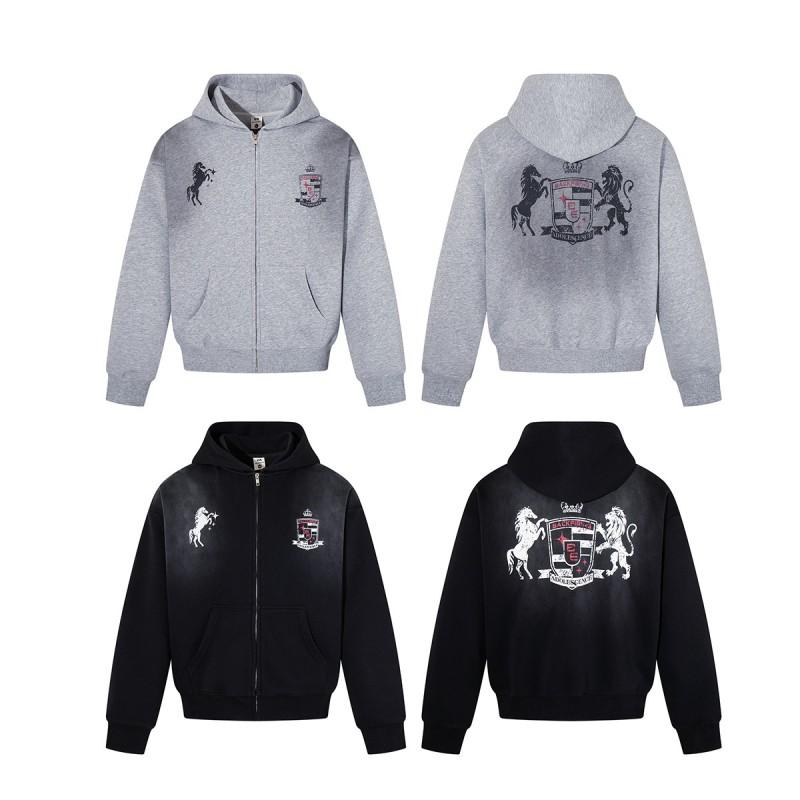 American Vintage Distressed Zip Hoodie Mens Loose Fit Casual Sweatshirt Streetwear