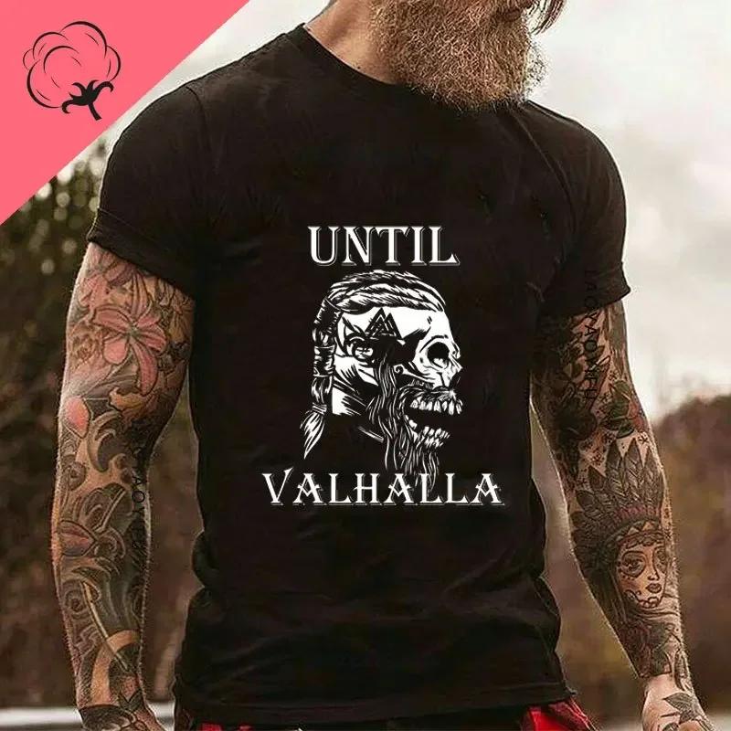 Til Valhalla 100% Хлопок Футболки с коротким рукавом и круглым вырезом Футболка American Beard Warrior Tactical Skull Унисекс Повседневная мужская футболка