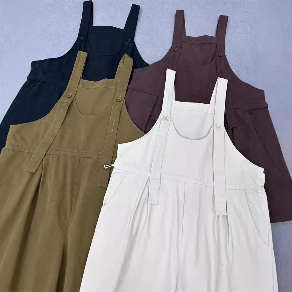 Johnature Retro Cargo Bib Bodysuits Women Autumn Casual Comfortable Loose Straight Leg Sleeveless Simple Jumpsuits