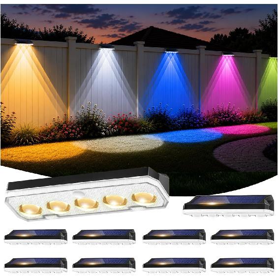Солнечные светильники для забора Tenmiro, 10 шт. в упаковке, 40 режимов RGB и холодно-белый/теплый белый, настенные светильники с 5 линзами, IP67 водонепроницаемые, от сумерек до рассвета, для