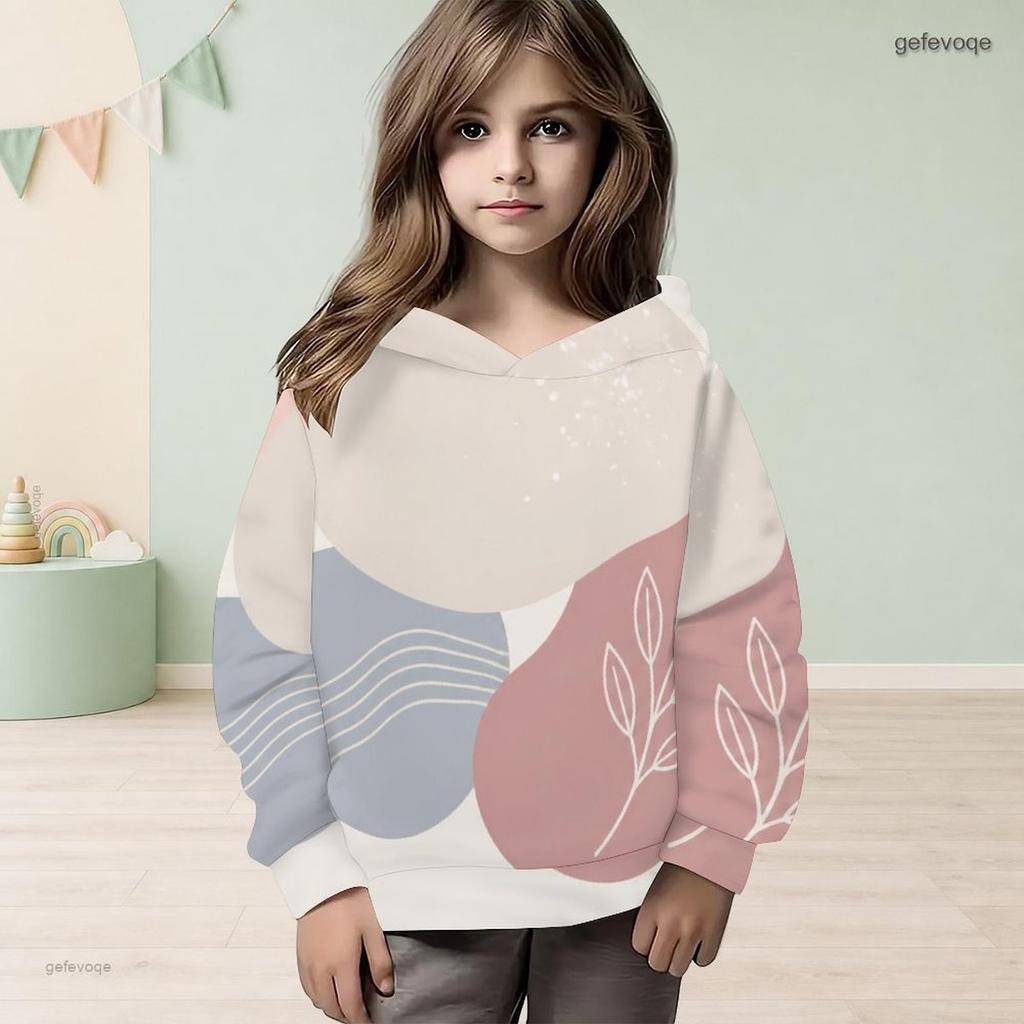 Girls Long Sleeve Hooded Pullover Abstract Leaf Printed Casual Sweatshirt