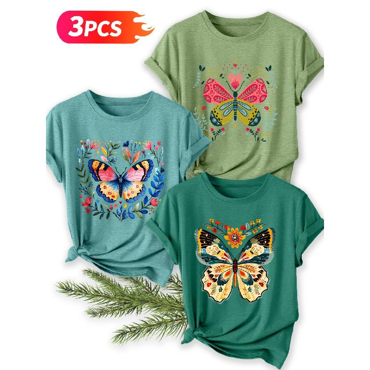 Three-piece set Vintage butterfly print short-sleeve retro round neck T Fresh and natural style loose-fitting shirt 2026 Elegant spring and summer