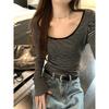 Spring Sexy Babes Big Neckline Striped Contrasting Top Women's Bottoming Shirt Slim and Thin Long-sleeved T-shirt Tide