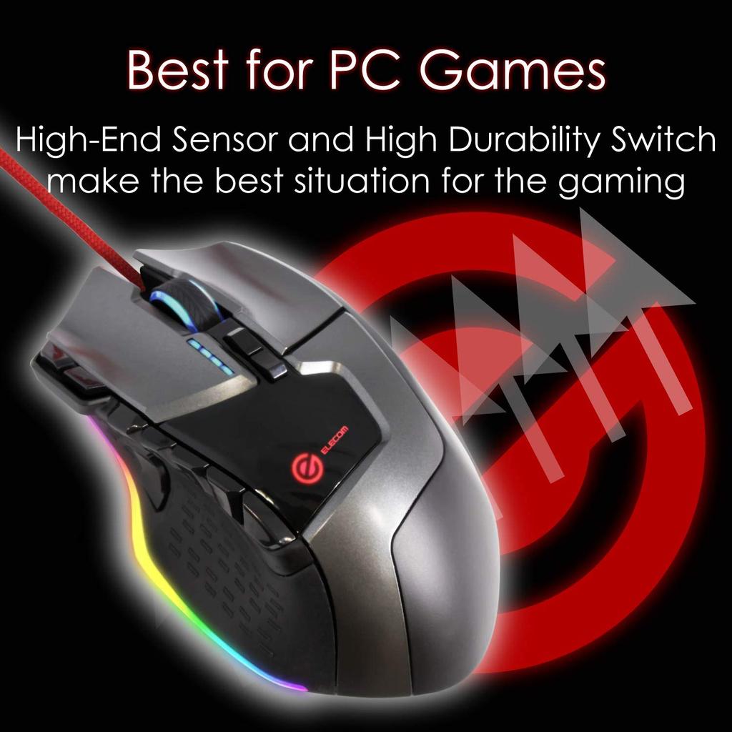 ELECOM Gaming Mouse 13 Buttons Programmable RGB Compatible Equipped with Hardware Macro DPI Adjustment Weight Balance Adjustable Ceramic Sole Black