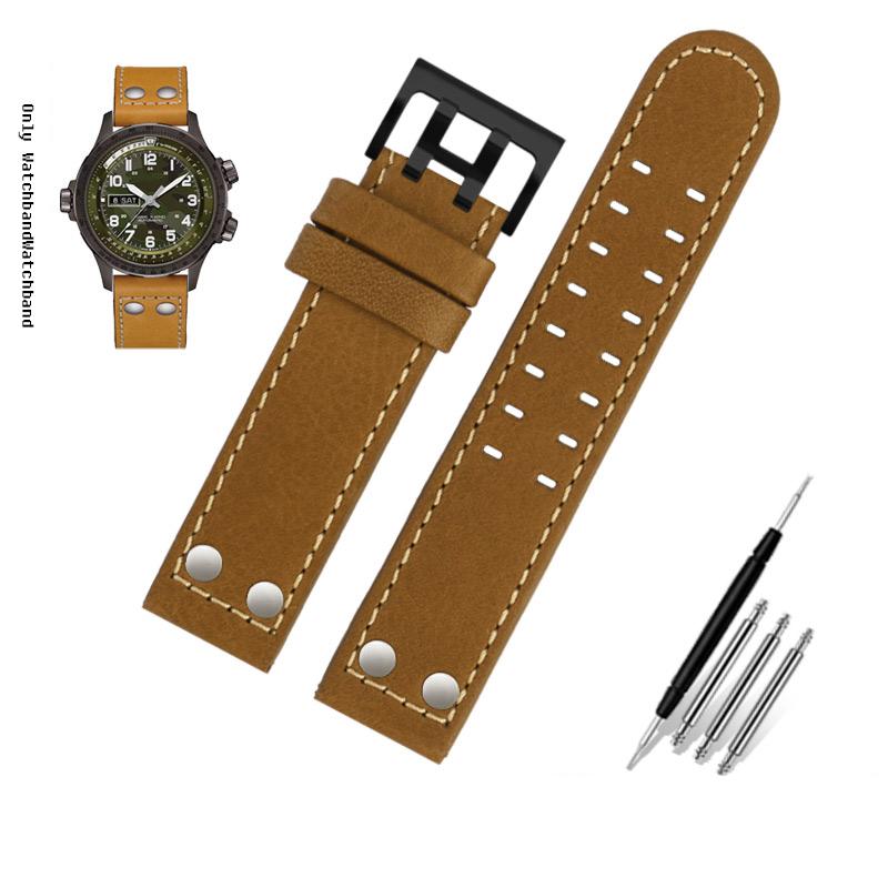 Для ремешка часов Hamilton Khaki Aviation H77616533 H760250 Field Мужской Натуральная кожа Заклепка Браслет для часов 20 мм 22 мм Коричневый