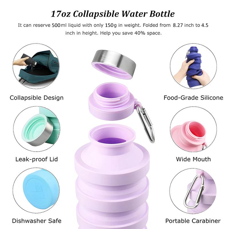 Foldable Silicone Water Bottle Collapsible Drink Bottle for Travel Gym Camping Hiking Lightweight Athletic Bottle with Carabiner