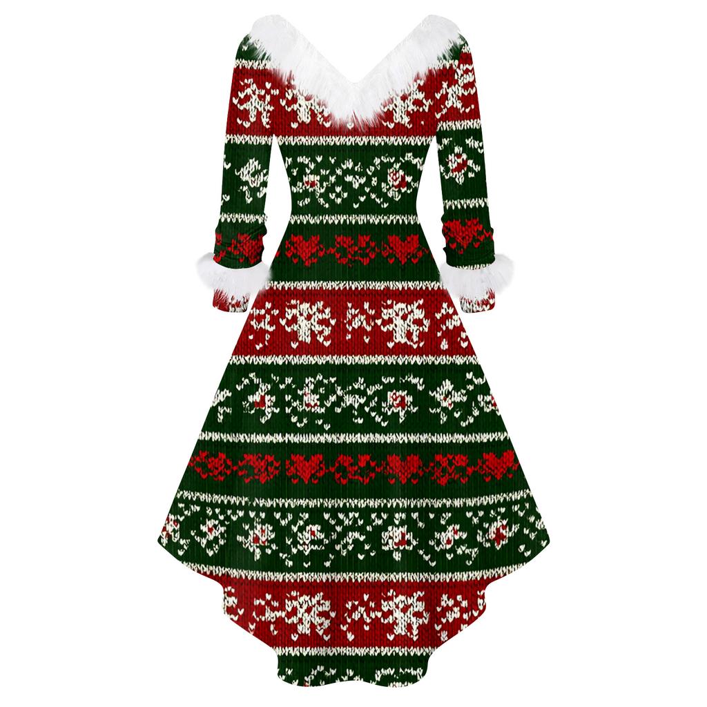 Women's Fashion Casual V-Neck Christmas Print Long Sleeve Dress