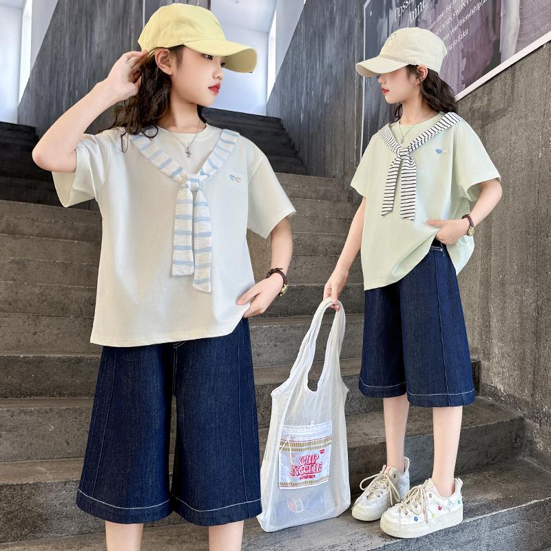 Girls' College Style Set 2026 Summer New Striped Tie T-shirt Clear Color Jeans Middle and Large Children's Two Piece Set
