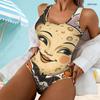 Women Plus Size Scoop Neck Wide Straps One Piece High Cut Swimsuit Halloween Cartoon Animal Pumpkin Printed