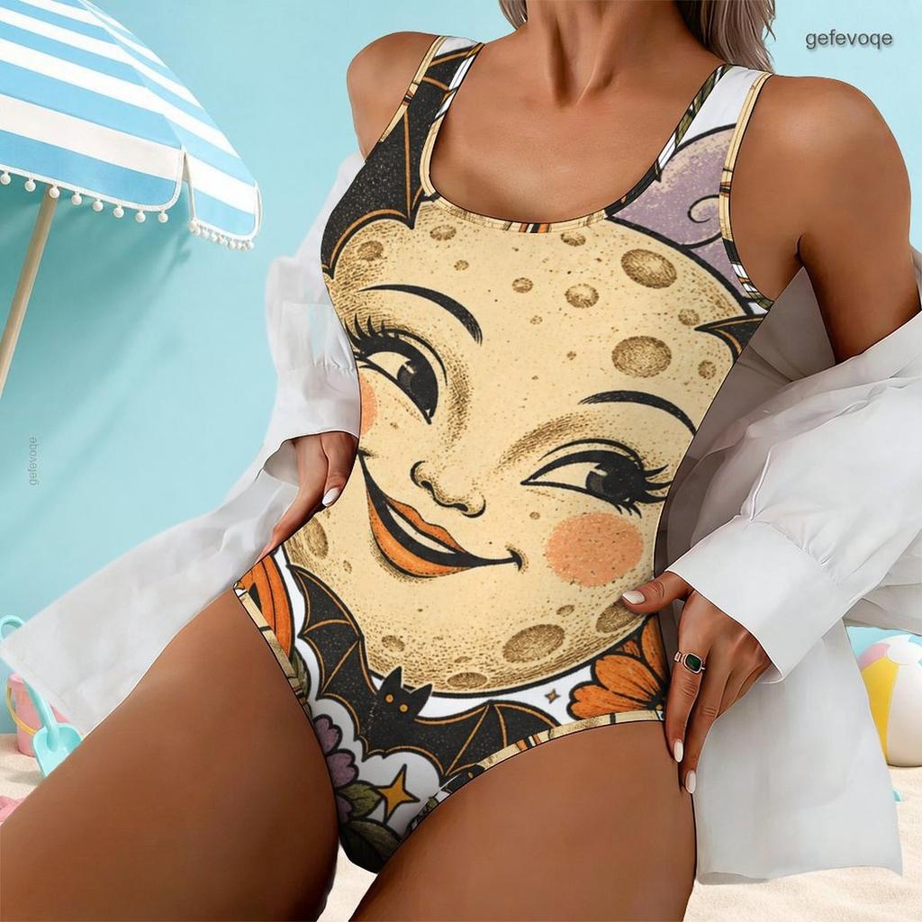 Women Plus Size Scoop Neck Wide Straps One Piece High Cut Swimsuit Halloween Cartoon Animal Pumpkin Printed