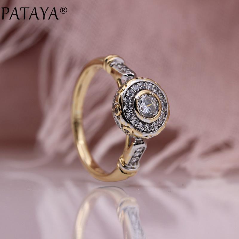 PATAYA Round Artificial Zircon Rings Rose Gold Color Multiple Sizes Exquisite Rings