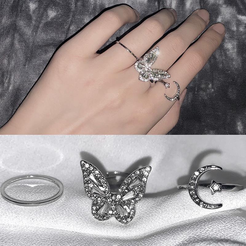 Super fairy personalized fashion zircon butterfly moon open ring adjustable design niche cold wind index finger ring woman