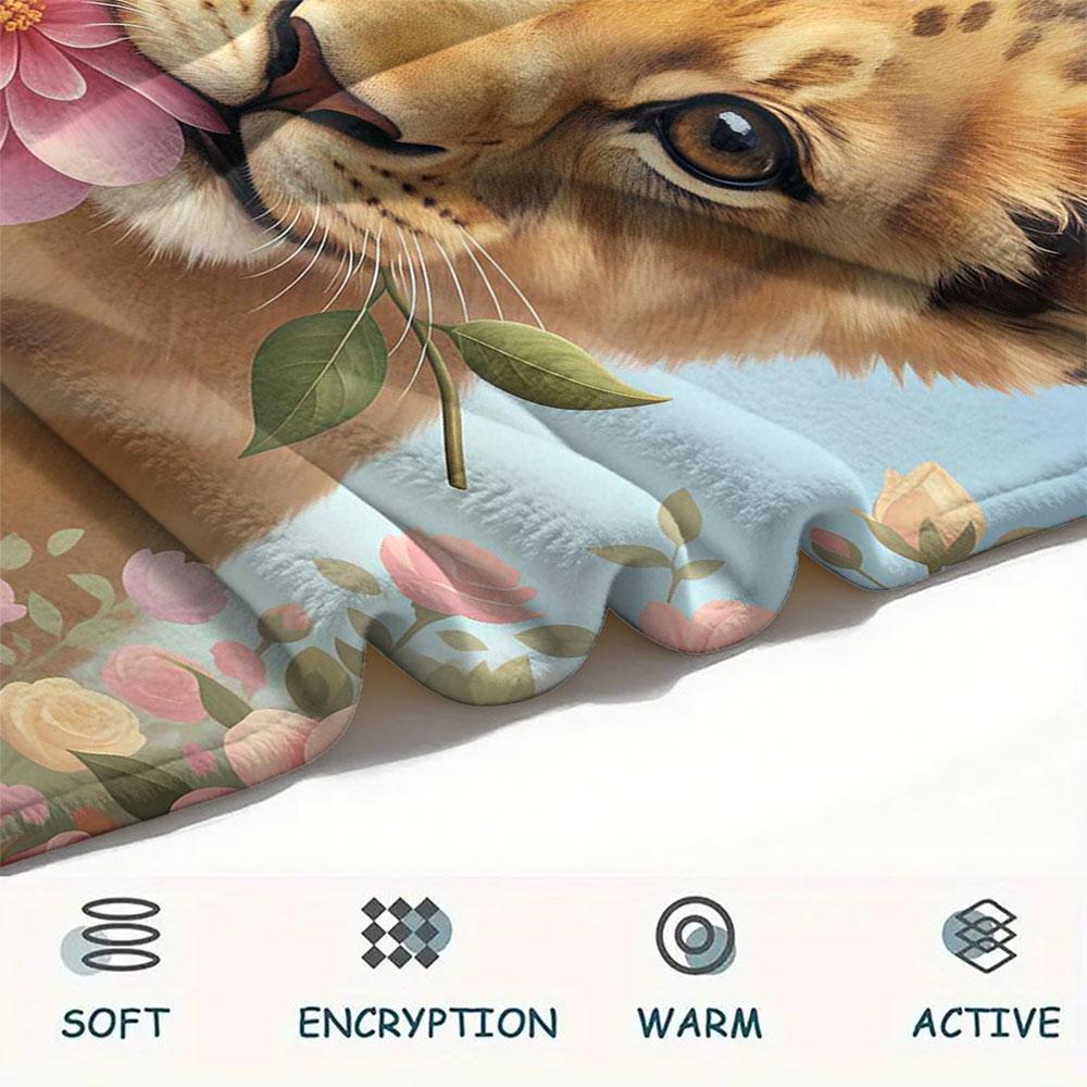 1Pc Cuteflowersanimals Print Flannel Blanket, High quality Comfortable for All Seasons, Home Decor, Warmth and Comfort, Perfect for Christmas Gifts