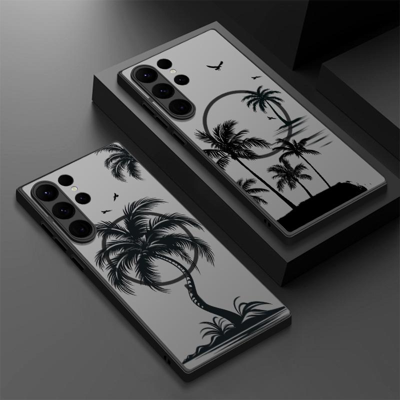 Матовый прозрачный чехол для телефона с узором из кокосовой пальмы для Samsung S25 Ultra S24 FE S23 S22 S21 с мягким краем и беспроводной зарядкой, магнитный, противоударный, жесткий чехол для задней панели из ПК