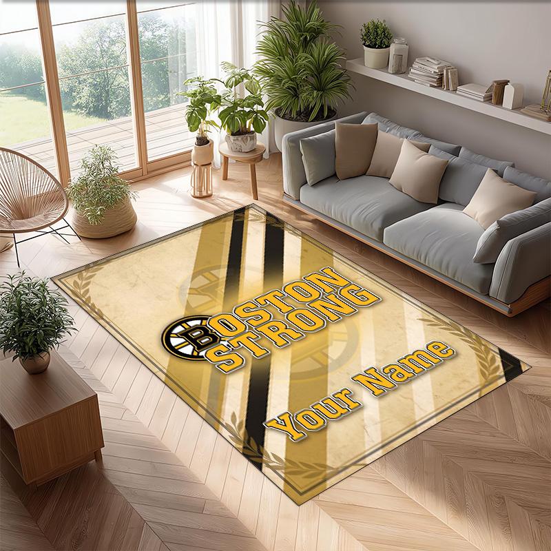 Boston Bruins Crystal Velvet Rug, Custom Name Text Personalized Non‑Slip Floor Mat for Home Decor Gift