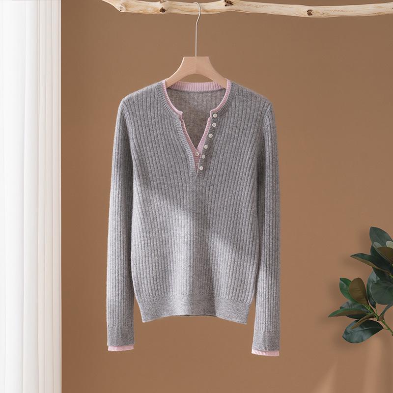 Women's 2026 Autumn/Winter V-Neck Faux Two-Piece 100% Pure Cashmere Sweater - Fashionable Button-Up Base Layer
