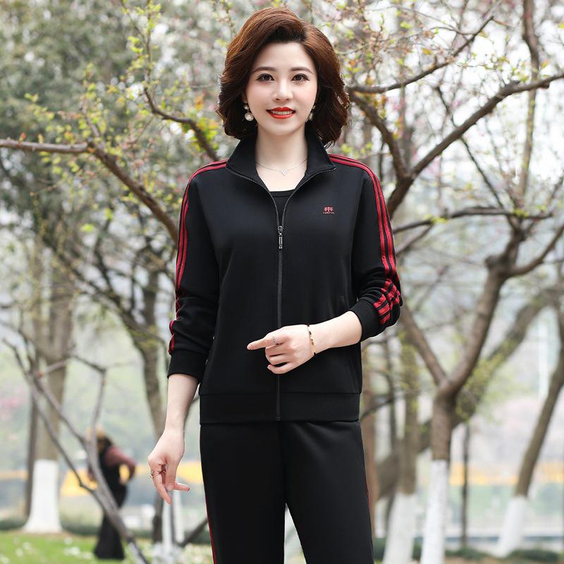 Женский весенне-осенний повседневный спортивный костюм: Свободного кроя куртка и толстовка с длинным рукавом, больших размеров, 2 предмета для среднего и пожилого возраста