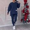 2 Pcs/Set Women Top Pants Suit Round Neck Long Sleeve Slit Hem Sweatshirt Elastic Waist Solid Color Slim Fit Trousers Winter Daily Wear Outfit