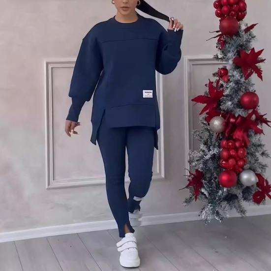 2 Pcs/Set Women Top Pants Suit Round Neck Long Sleeve Slit Hem Sweatshirt Elastic Waist Solid Color Slim Fit Trousers Winter Daily Wear Outfit