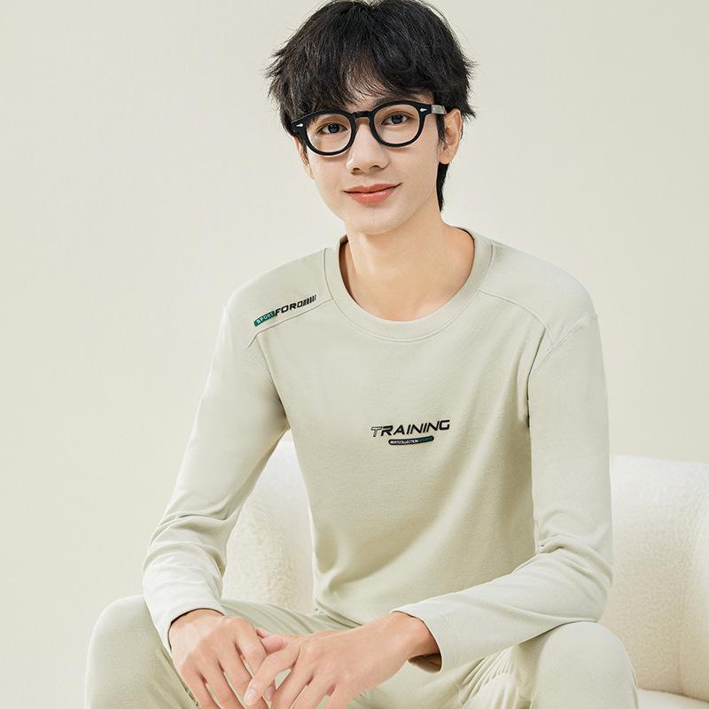 Мужской осенний комплект термобелья: Шерстяной свитер и брюки для студентов-подростков - Теплая смесь хлопка