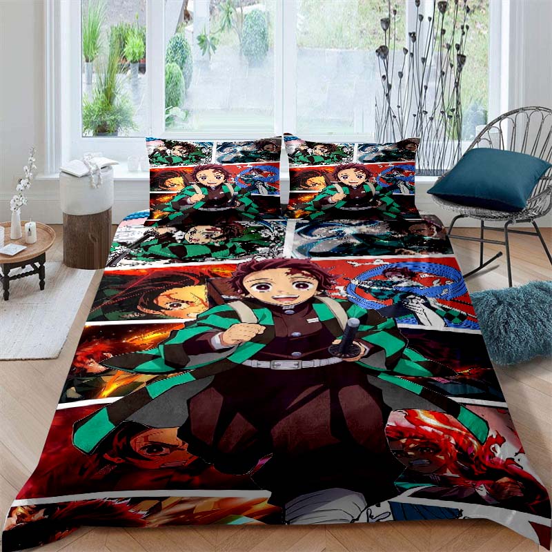 This Three-piece Anime Print (Kimetsu No Yaiba) Bedding Set—including A Duvet Cover and Two Pillowcases—is The Perfect Holiday