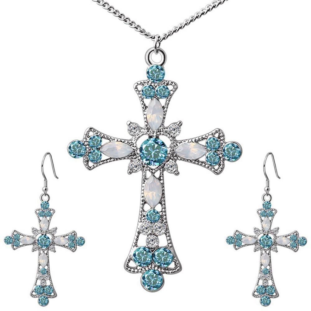 Женщины Rhinestone Инкрустация Крест Кулон Цепочка Ожерелье Крюк Серьги Ювелирный комплект