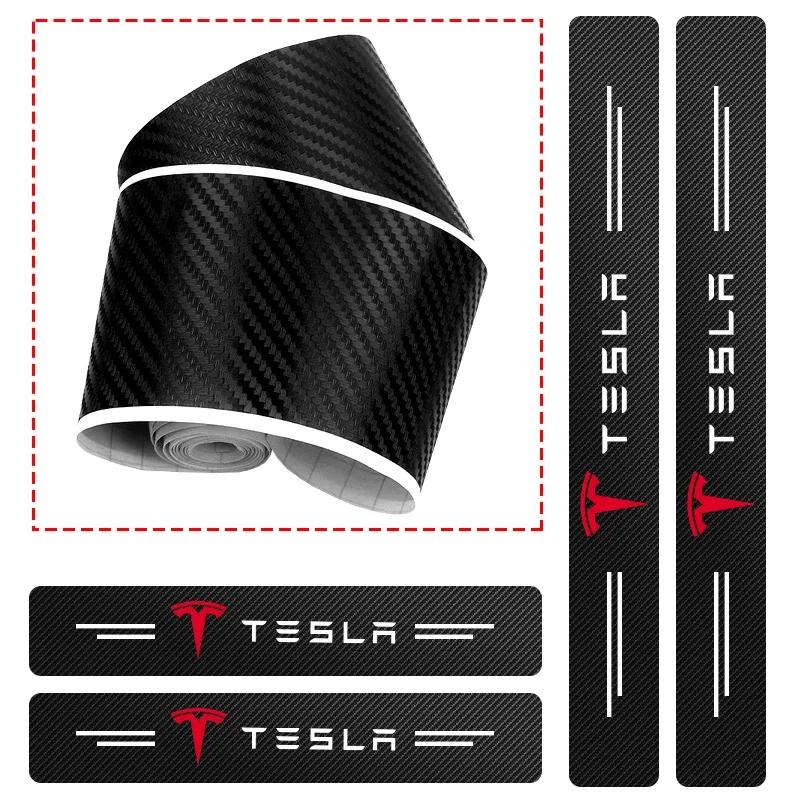 Car Sticker Tesla 4Pcs/set Carbon Fiber Car Door Sill Threshold Protector Logo Stickers For Tesla Model 3 Model Model X Y Roadst