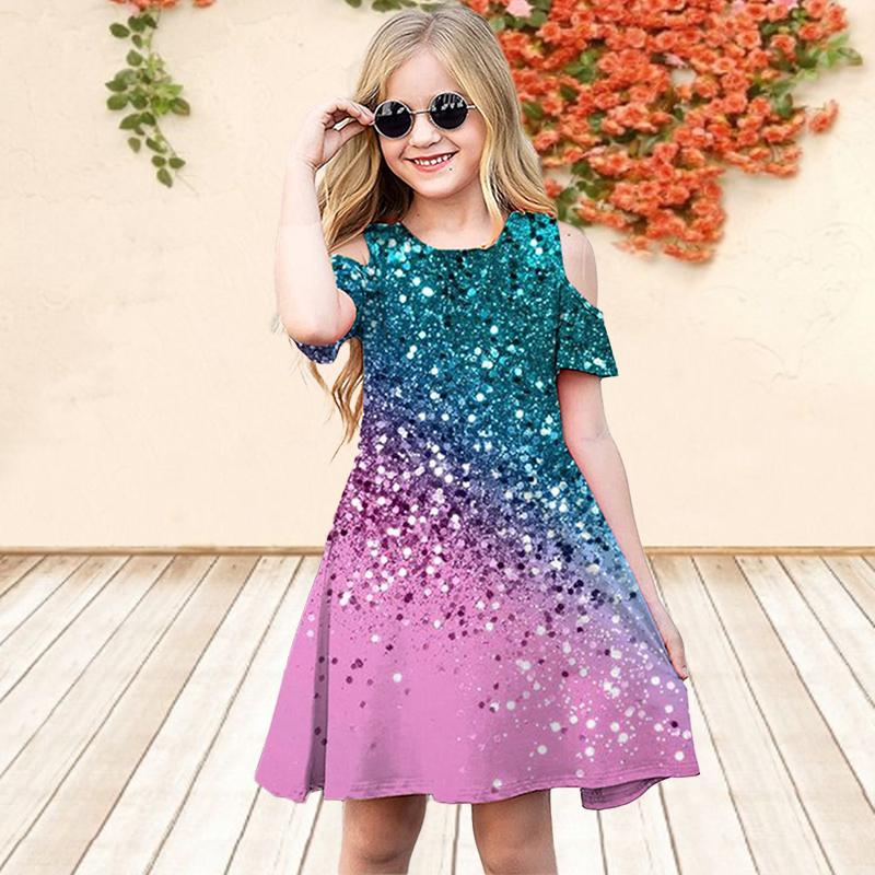 Girls Floral Gold Sequins Print Dresses Kids Girl Party Off Shoulder Dress Princess Dress Short Sleeved Dress Over Four Years Old
