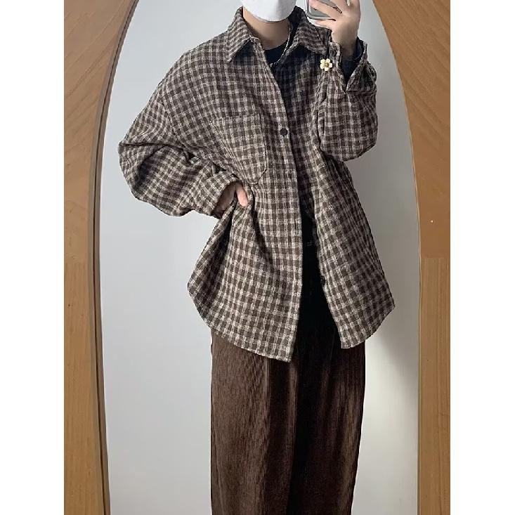 Свободная рубашка в клетку в японском стиле, мужская и женская, модная брендовая рубашка на весну и осень, универсальная рубашка для пары, повседневное пальто с длинным рукавом Pu Shuai