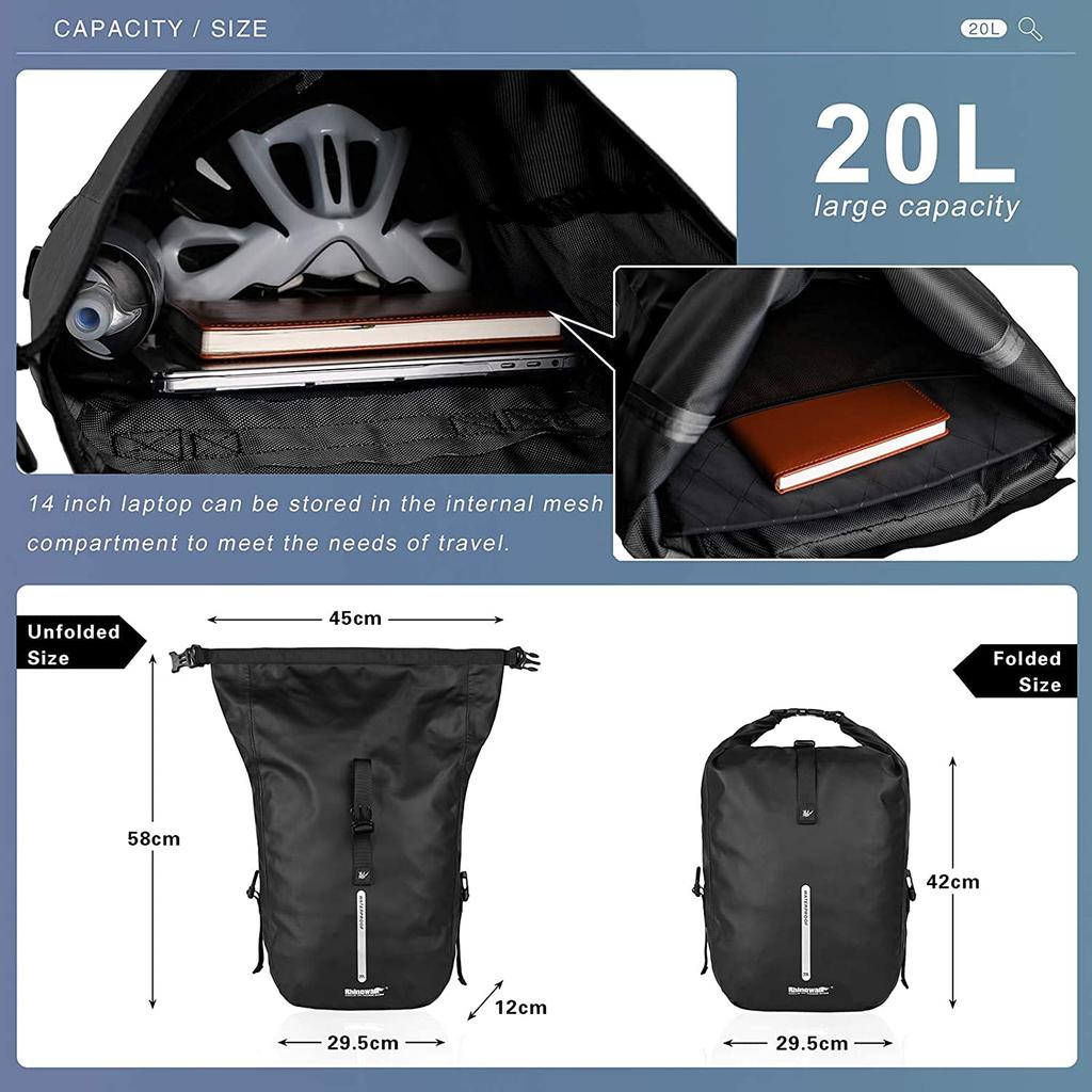 Rhinowalk Bicycle Pannier Bag, Waterproof Rack, 20L, Bike Bag, Shoulder Bag, Laptop Pannier Backpack, Professional Cycling Accessories (Black)