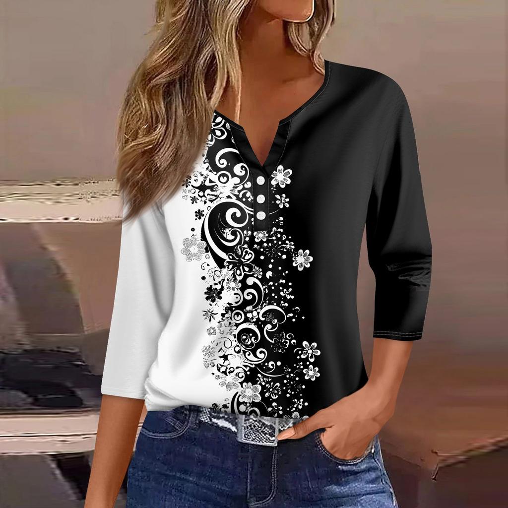 Жен. Футболка С принтом Пуговицы Рукав 3/4 Повседневные Выходные Мода Классический Классический V-образный вырез Обычный Верх