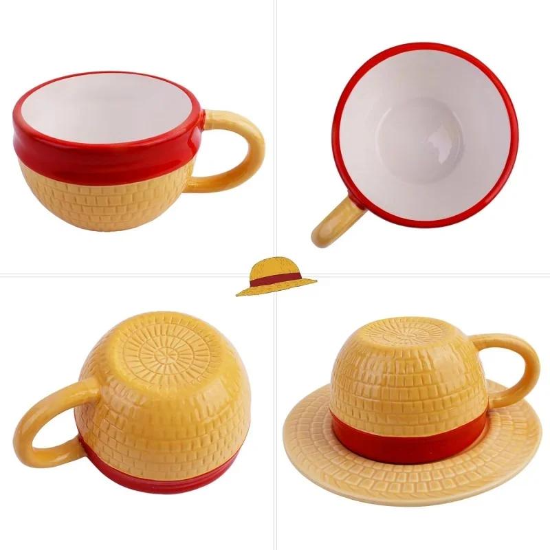 Anime Coffee Mug with Saucer Creative Luffy Ace Sabo Three Brothers Hat Shaped Ceramic Coffee Cup Child's Birthday Gift Cup