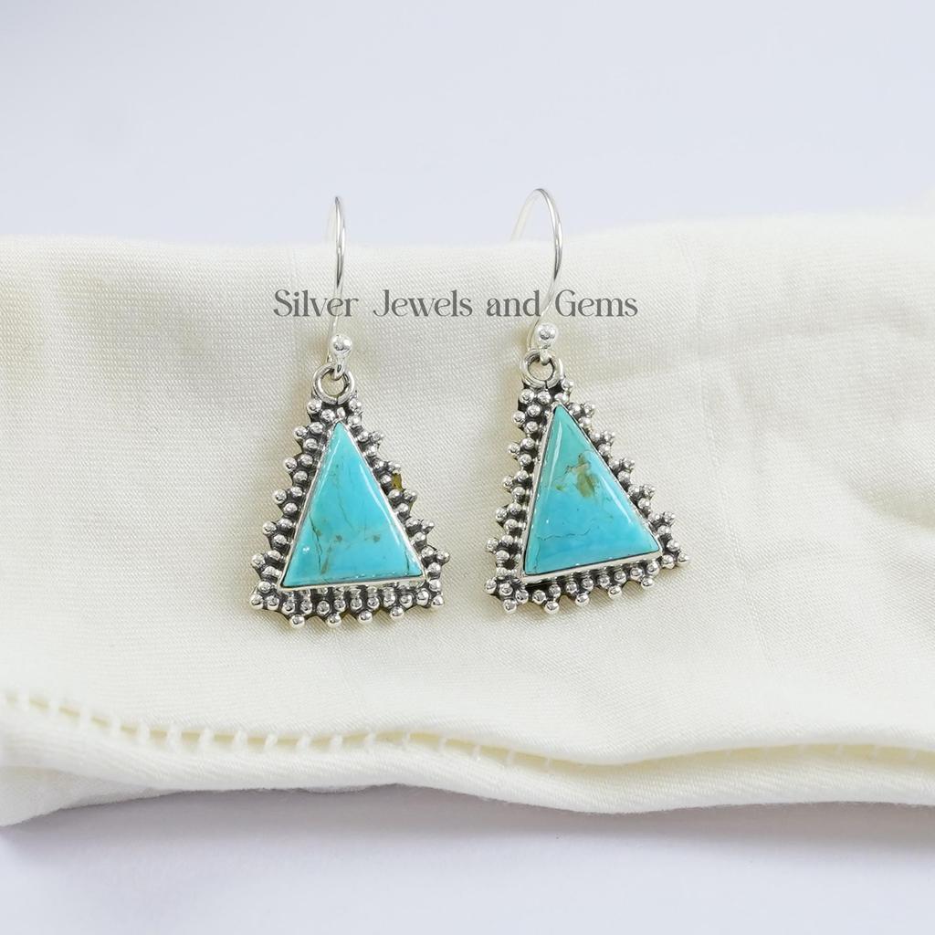 Arizona Turquoise Earrings, 925 Sterling Silver, Boho Triangle Earrings