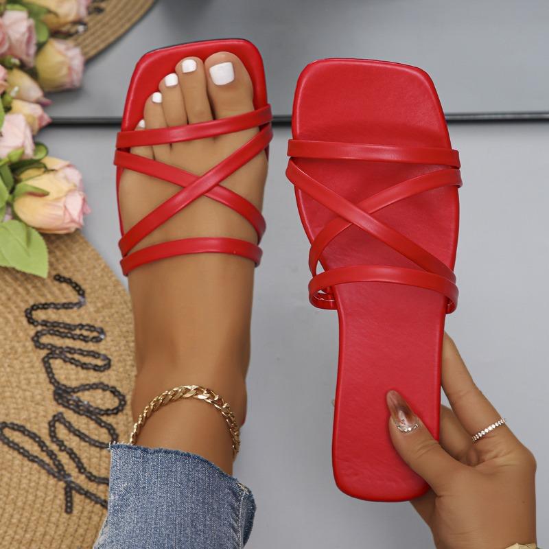2024 Summer New Flat Women's Beach Slippers Single Line Solid Color Square Head Casual Thin Sandals