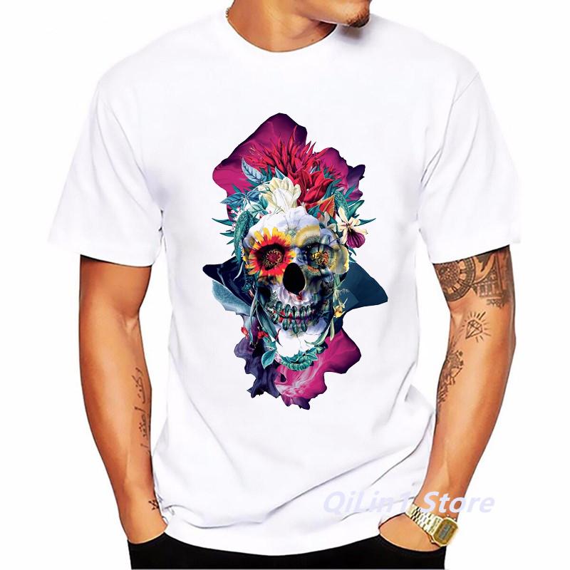 Men 2024 Summer Fashion Skull Flower Plant Print Short Sleeve Tshirt Male TShirt Homme Hip Hop T Shirt Geek Top Cool Streetwear