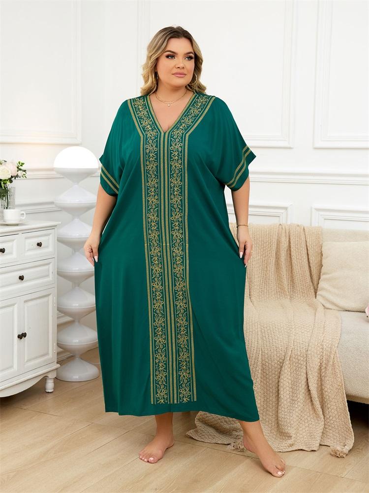 EDOLYNSA Women's Loose Black Kaftan Colorful Embroidered V-neck Short Sleeve Robe Beach Maxi Dress Swimsuit Cover Up Bohemian Moo Moo Dresses