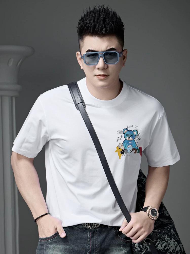 Ozhouzhan Men's High end Bear Print Short sleeve T-shirt 2025 New Summer Trendy All-Match Half Sleeve Top Clothes