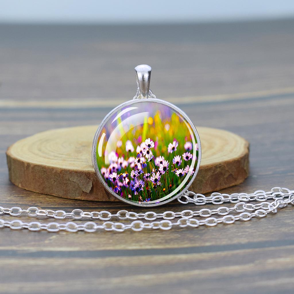 Flower Necklaces Rose Lotus Poppy Cherry Blossoms Sunflower Chains Necklace for Women Glass Cabochon Pendant Jewelry Lover Gift