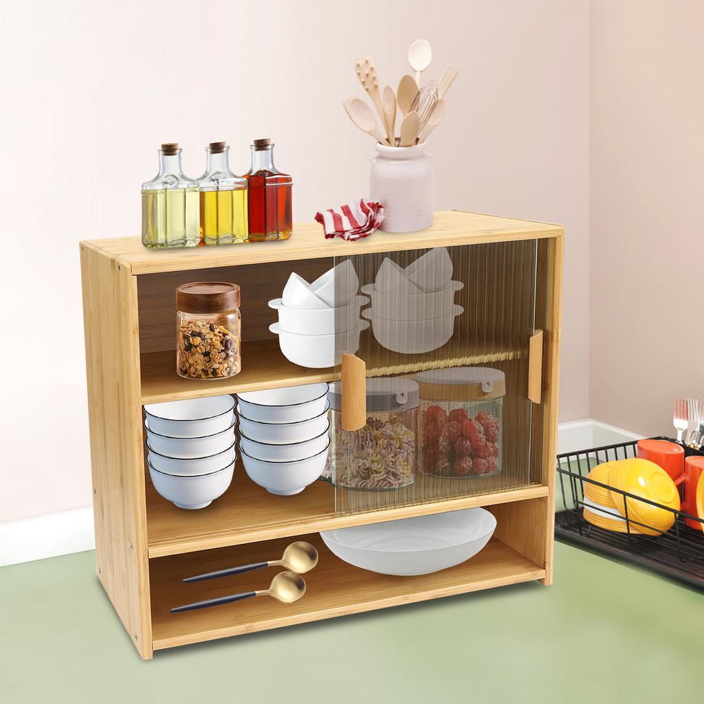 Freestanding Countertop Storage Cabinet, Small Bamboo Kitchen Pantry Sideboard with 2 Sliding Striped Glass Doors for Dish, Bowl