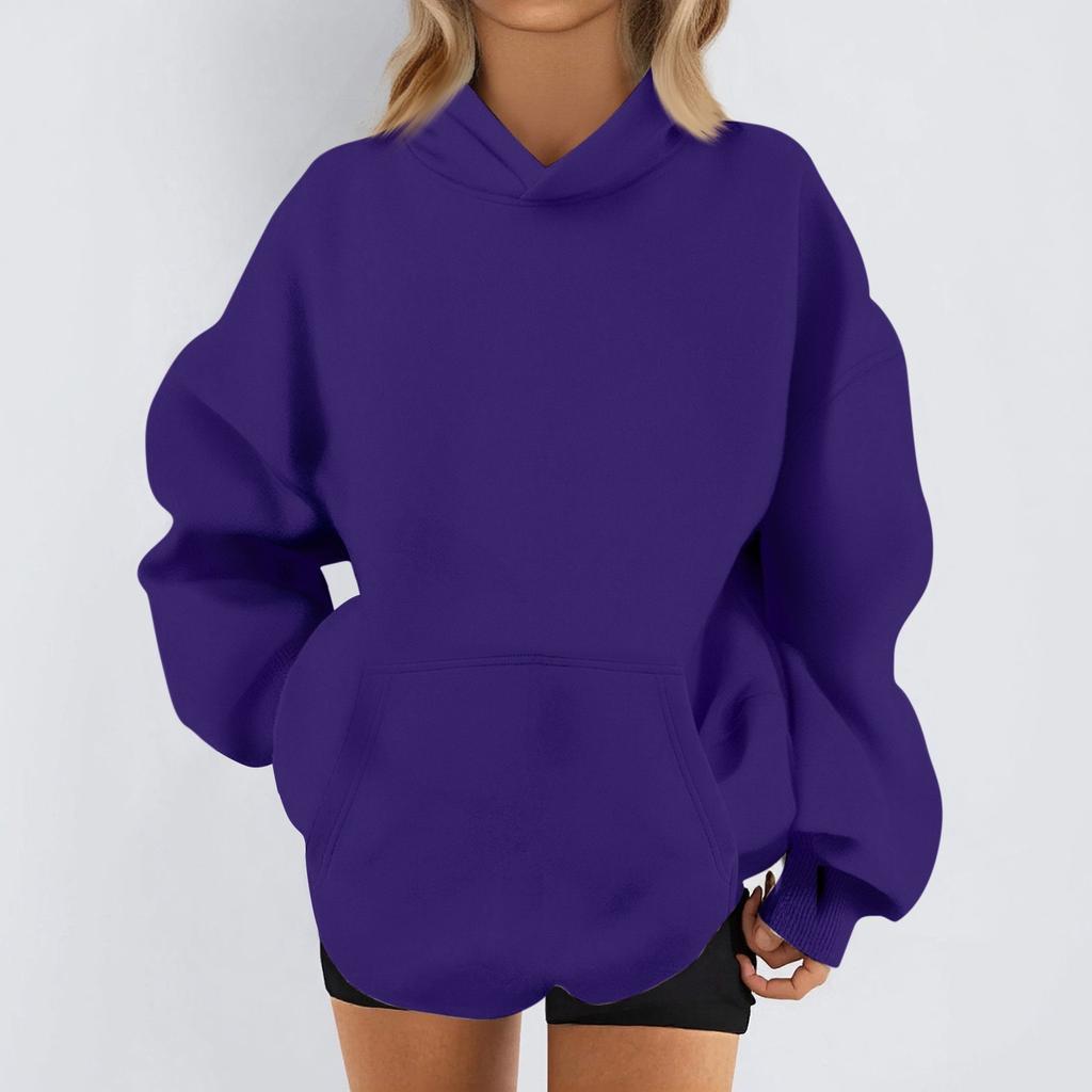 Women's Fashion Casual Long Sleeve Solid Color Hooded Sweatshirt Tops