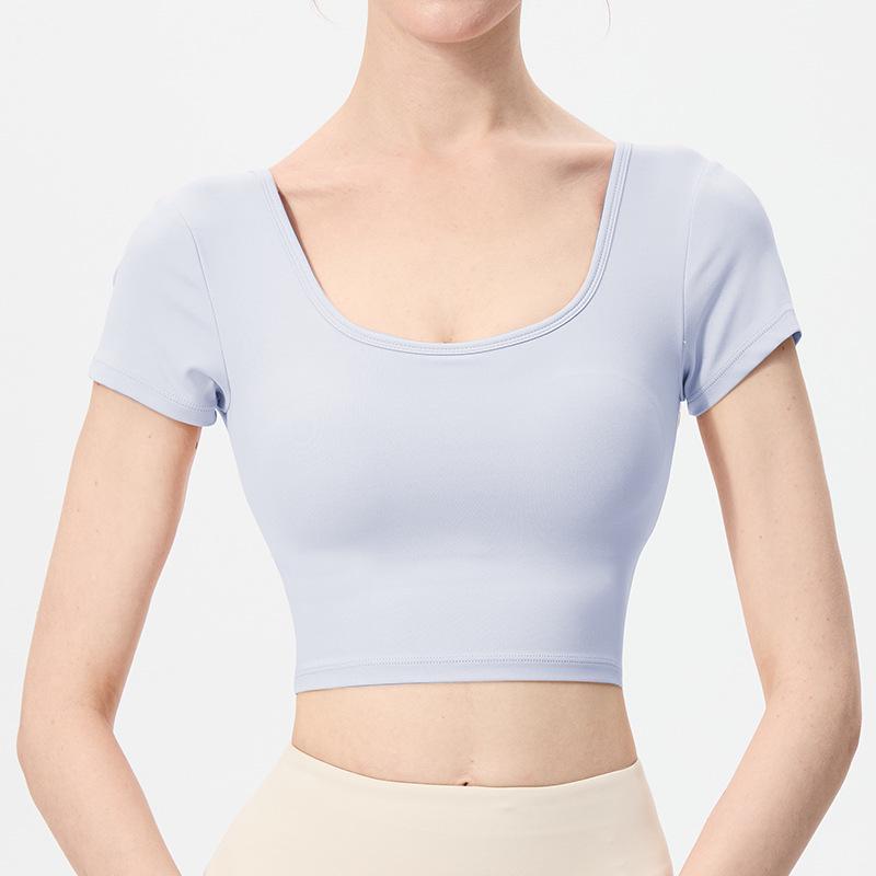 Женский быстросохнущий топ для йоги: Облегающий дизайн с U-образной спиной, Красивая спина, Футболка для фитнеса с коротким рукавом