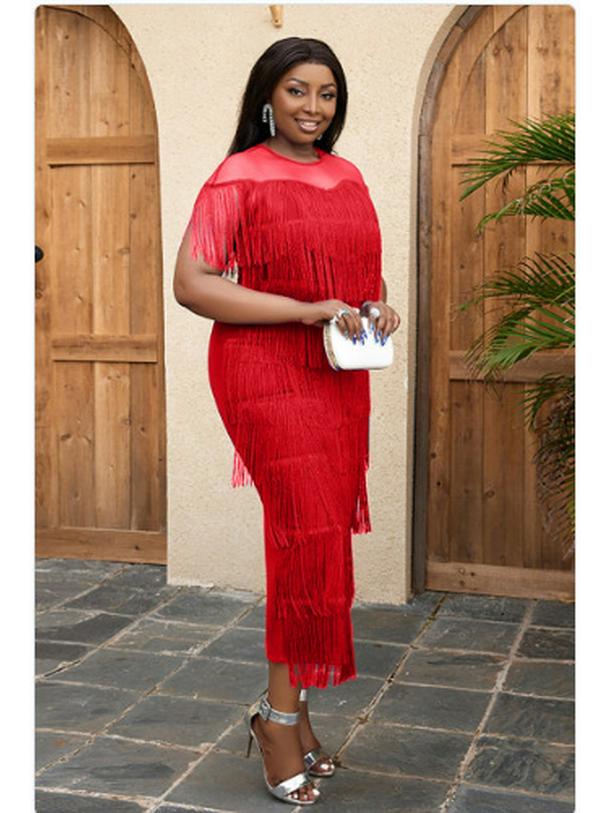 Коктейльное платье с бахромой большого размера 200 цзинь, с круглым вырезом и прозрачным боковым разрезом