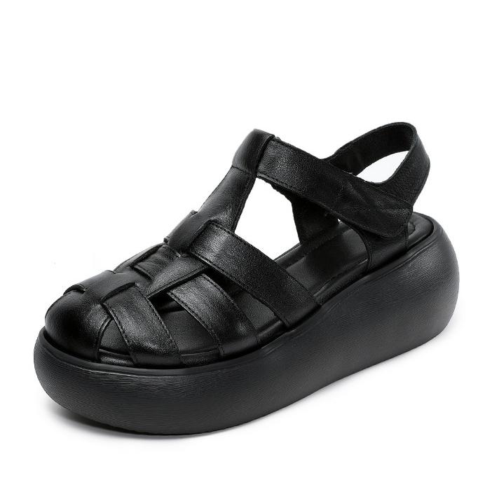 Fashion High Quality 6CM Cow Weave Genuine Leather Hollow Booties Sandals Boots Flats Women Mary Jane Pumps Platform Wedge SummerShoes