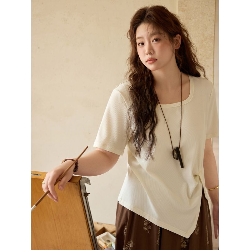 Xiao Li Plus Size Women's Clothing Slim Looking 5.00kg! Belly Covering Crimp Irregular Slit U Collar Shoulder Short Sleeve T-shirt Female Summer