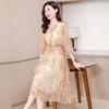 Summer silk dress V-neck temperament elegant intellectual mulberry silk dress printed lace-up skirt