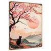 Cherry Blossom Tree Black Cat Viewing Fuji Mountain Sunset Metal Wall Art Decor