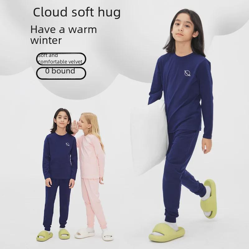 DK 2024 Autumn/Winter Warm Brushed Underwear Sets for Girls and Boys: Mid and Large Children's Pajamas