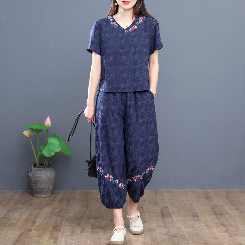 Плюс размер Женский повседневный летний топ с коротким рукавом шаровары комплект из 2 предметов Cross-Border Одежда больших размеров